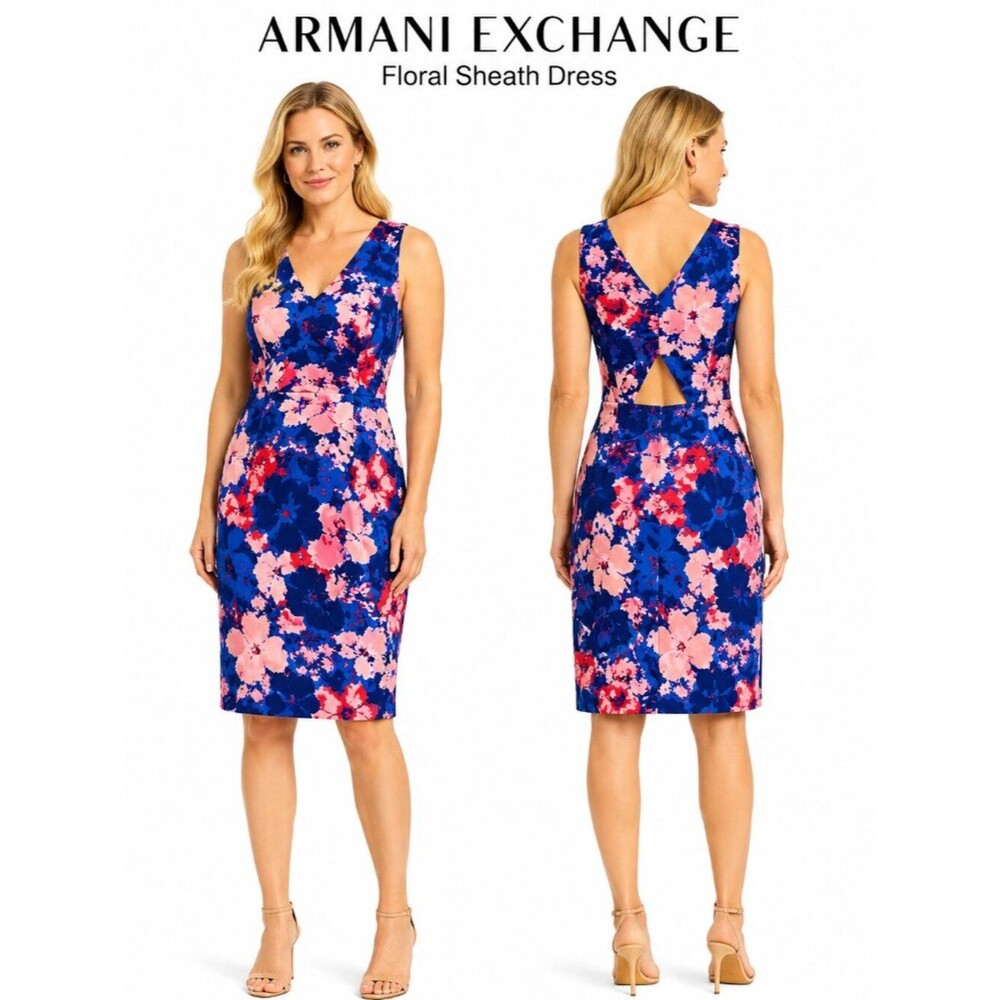 Armani Exchange Floral Sheath Dress Women Blue Pink Sleeveless Cutout Back Sz 14